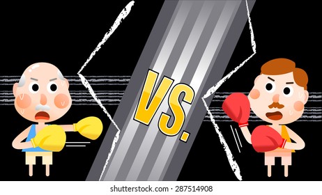 Cartoon illustration of two old senior men boxing to keep fit, workout training exercise, fighting gangster, knock down opponent. Sports recreation contest competition, people playing games at gym. 