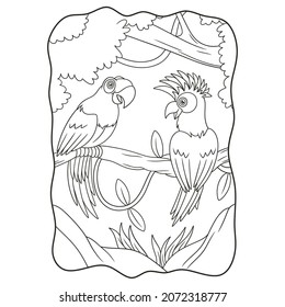 cartoon illustration two parrots on the tree trunk book or page for kids black and white