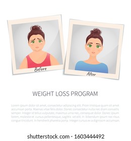Cartoon illustration of two photographs of a woman before and after weight loss. Transformation to perfect body vector template. Girl with obesity versus slim girl. Successful diet and beauty concept.