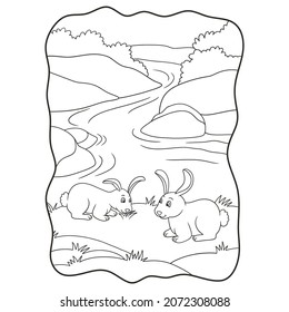 cartoon illustration two rabbits eating grass by the river book or page for kids black and white