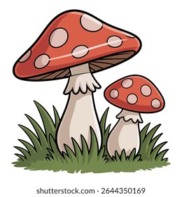 Cartoon illustration of two red mushrooms with white spots emerging from green grass.