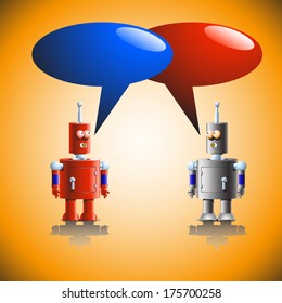 cartoon illustration of two robots red and grey colors are speaking. colored bubbles are above them. on orange background