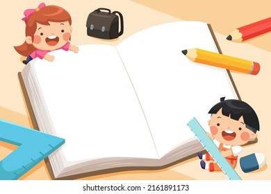 Ilustración de caricatura de dos escolares con libro, regla, lápices, borrador y bolso escolar. Diseño para volver a la escuela