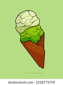 ilustração de desenho animado de duas colheres de sorvete de matcha em um cone de waffle de canela. pode ser usado para menu, capa, café, restaurante, livro de receitas, anúncios, impressão, cartaz, site