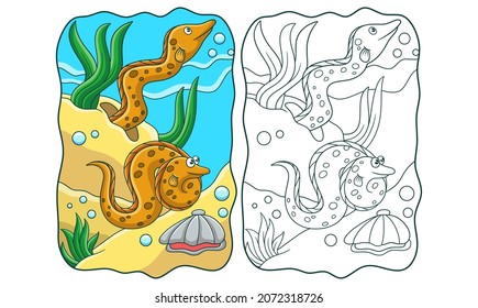 cartoon illustration two sea eels playing on the coral reef book or page for kids