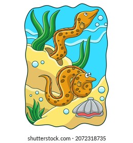 ilustración de dibujos animados de dos anguilas marinas jugando en la barrera de coral