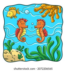 cartoon illustration two seahorses and one fish are in the water