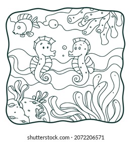 cartoon illustration two seahorses and one fish are in the water coloring book or page for kids black and white