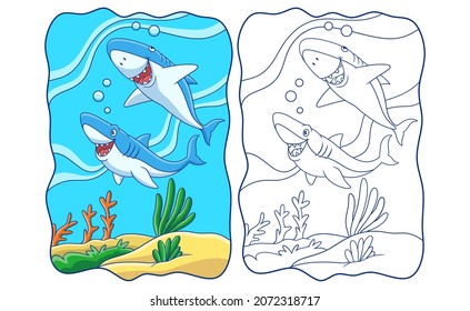 cartoon illustration two sharks are hunting their prey in the sea book or page for kids