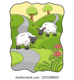 cartoon illustration two sheep eating grass in the meadow