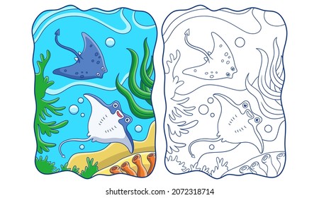 cartoon illustration two stingrays swimming in the coral reef book or page for kids