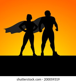 Cartoon Illustration Of Two Super Heroes Standing Silhouettes