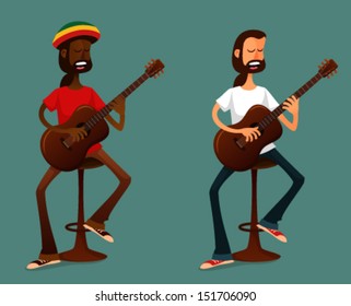 Cartoon Illustration Of Two Very Cool Guys Playing Guitar, Sitting On A Bar Stool. Young Men, Musicians And Singers. Funny Cartoon People.