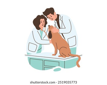 Ilustração em desenho animado de dois veterinários examinando um cachorro em uma clínica. Um veterinário está segurando um estetoscópio, enquanto o outro parece preocupado.