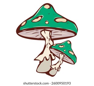 Cartoon Illustration of Two Vibrant Green Mushrooms with Unique Patterns