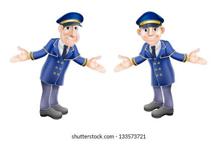 A cartoon illustration of two welcoming hotel or venue doormen or bellhops in their blue and gold uniforms