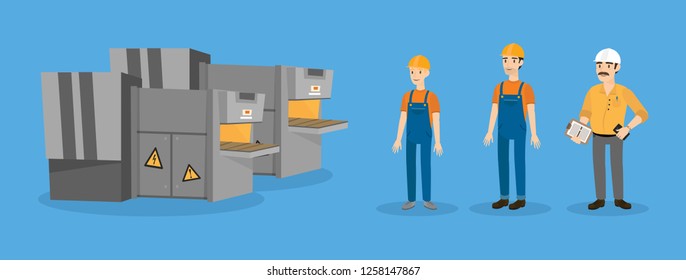 Cartoon illustration of two workers, their chief and industrial equipment with belt. Isolated vector elements for creating your own scene