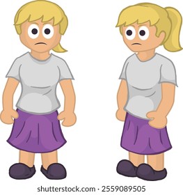 Cartoon illustration of two young girls with short blonde hair, wearing casual outfits consisting of white tops and purple skirts