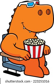 A cartoon illustration of a Tyrannosaurus Rex dinosaur watching a 3D movie.
