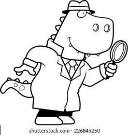 A cartoon illustration of a Tyrannosaurus Rex dinosaur detective with a magnifying glass.