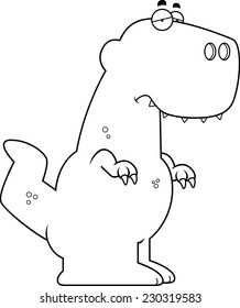 A cartoon illustration of a Tyrannosaurus Rex dinosaur looking sad.