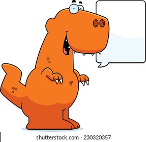 A cartoon illustration of a Tyrannosaurus Rex dinosaur talking.