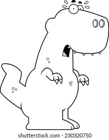 A cartoon illustration of a Tyrannosaurus Rex dinosaur looking scared.