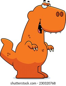 A cartoon illustration of a Tyrannosaurus Rex dinosaur with a sly expression.