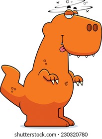 A cartoon illustration of a Tyrannosaurus Rex dinosaur looking drunk.