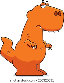 A cartoon illustration of a Tyrannosaurus Rex dinosaur looking sad.