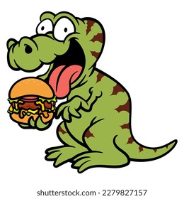 Cartoon-Illustration von Tyrannosaurus Rex, der einen großen Hamburger isst. Das Beste für Aufkleber, Logo und Maskottchen mit Fastfood-Restaurant-Themen für Kinder