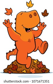 A cartoon illustration of a Tyrannosaurus Rex jumping in autumn leaves.