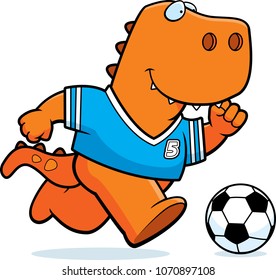 A cartoon illustration of a Tyrannosaurus Rex playing soccer.