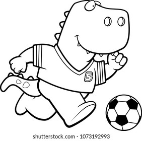 A cartoon illustration of a Tyrannosaurus Rex playing soccer.