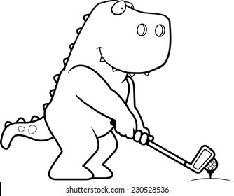 A cartoon illustration of a Tyrannosaurus Rex playing golf.