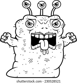 A cartoon illustration of an ugly alien looking angry.