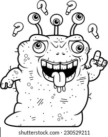 A cartoon illustration of an ugly alien looking confused.