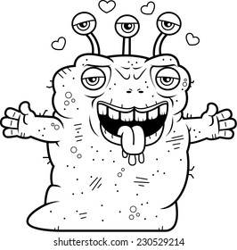 A cartoon illustration of an ugly alien ready to give a hug.