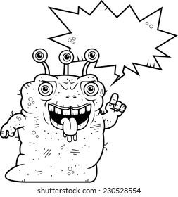 A cartoon illustration of an ugly alien talking.