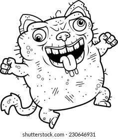 A cartoon illustration of an ugly cat looking crazy.