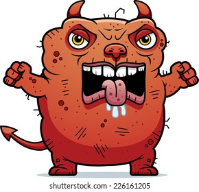A cartoon illustration of an ugly devil looking angry.