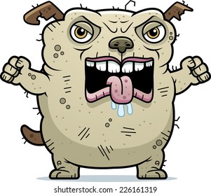 A cartoon illustration of an ugly dog looking angry.