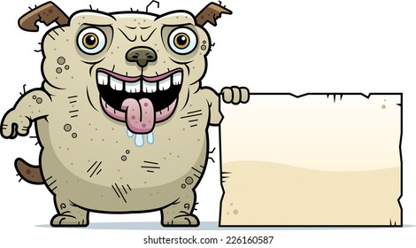A cartoon illustration of an ugly dog with a sign.