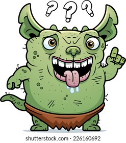 A cartoon illustration of an ugly gremlin looking confused.