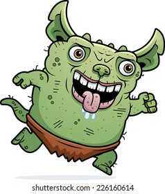 A cartoon illustration of an ugly gremlin running.