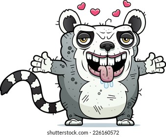 A cartoon illustration of an ugly lemur ready to give a hug.