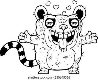 A cartoon illustration of an ugly lemur ready to give a hug.