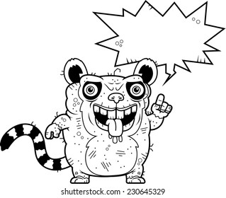 A cartoon illustration of an ugly lemur talking.