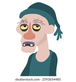 Cartoon Illustration of an Ugly Man with Tired Eyes, Wrinkled Face, and Droopy Expression Wearing a Green Hat and Dark Clothing