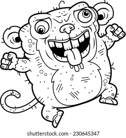 A cartoon illustration of an ugly monkey looking crazy.